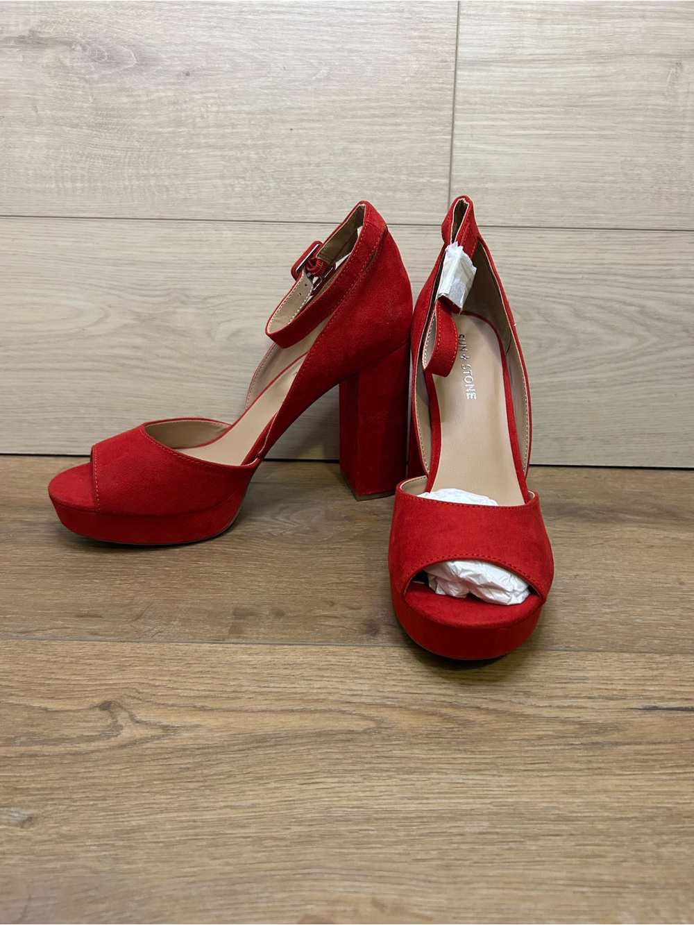 Sun + Stone Womens Reemaa Red Faux Leather Ankle Strap Heels Shoes 10